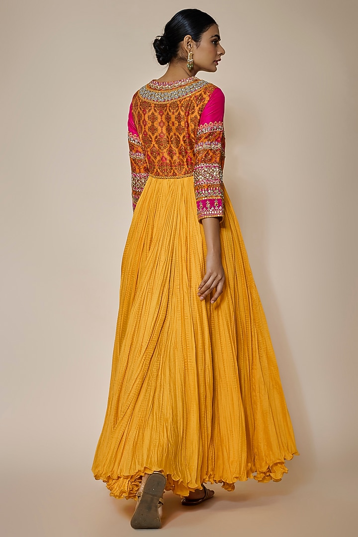 Mustard Chanderi Silk Meenakari Crushed Tunic Set by Debyani at Pernia's Pop Up Shop