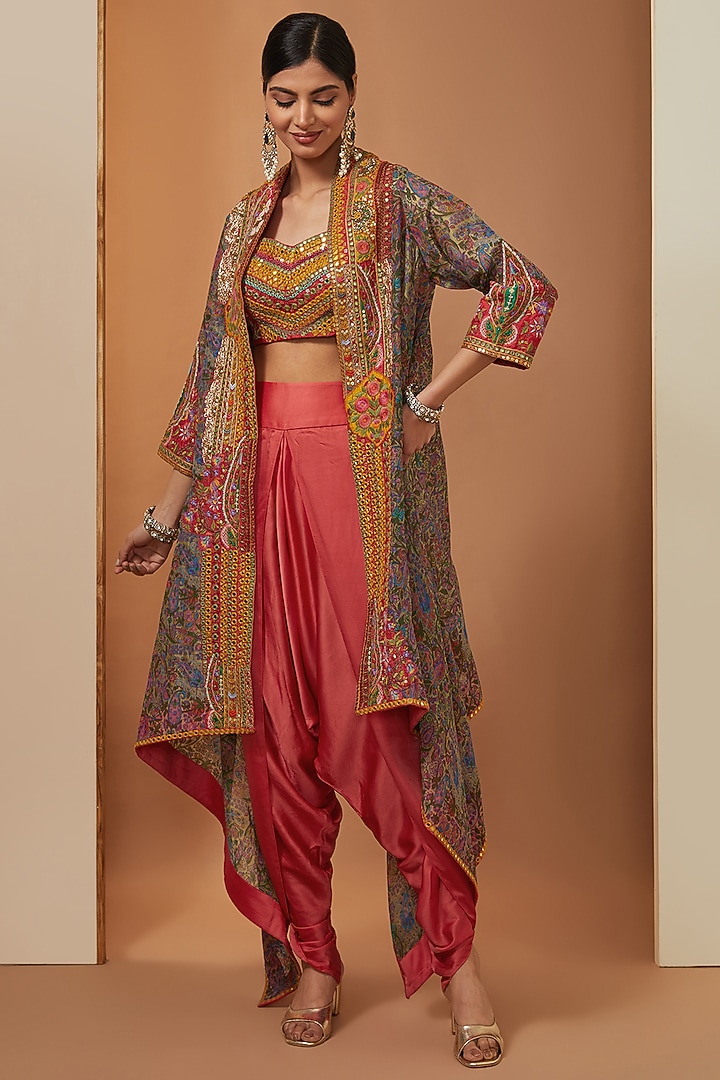 Multi-Colored Organza Mirror Work High-Low Cape Set by Debyani at Pernia's Pop Up Shop