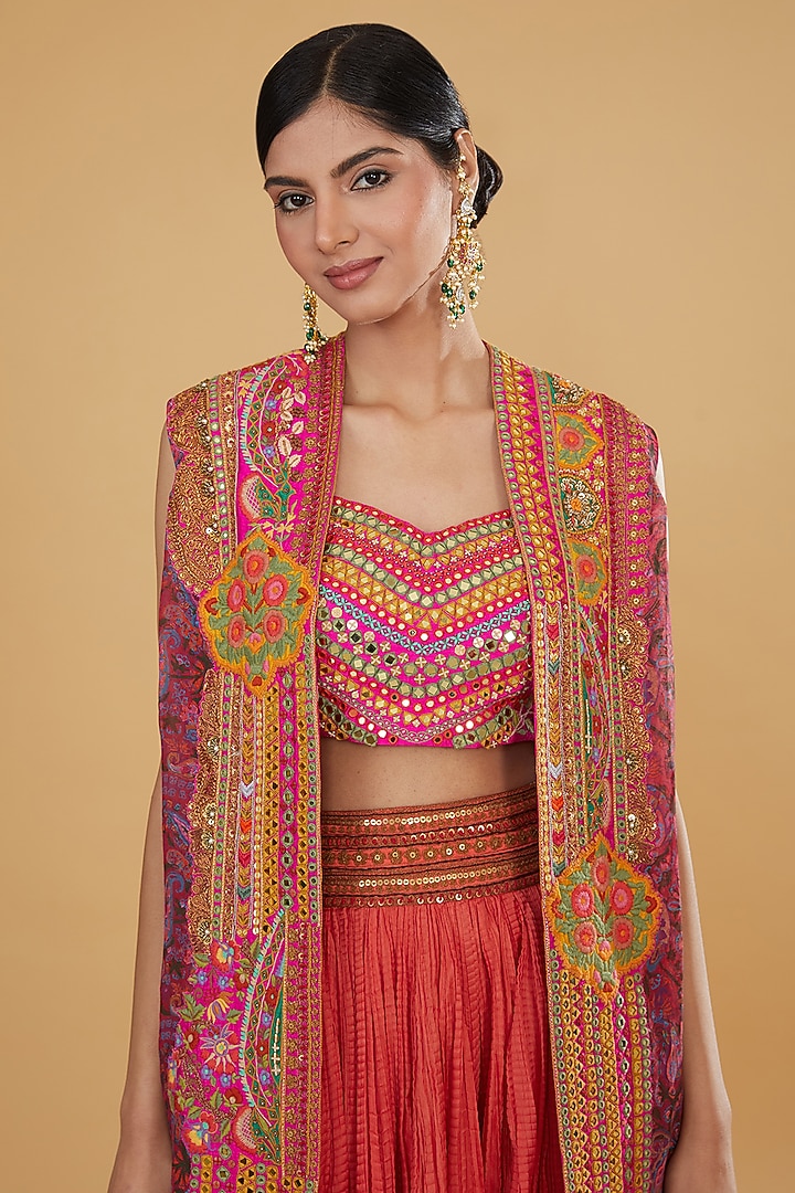 Pink Organza Paisley Printed Cape Set by Debyani at Pernia's Pop Up Shop