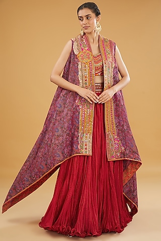 Red Organza Printed Cape Set by Debyani
