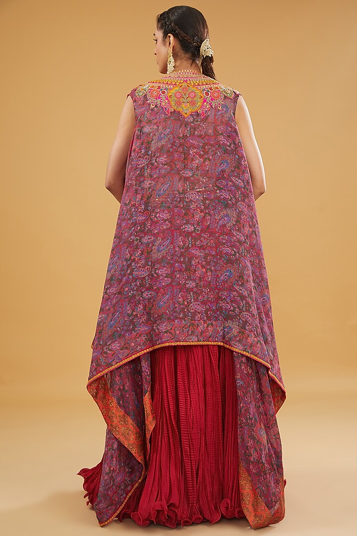 Red Organza Printed Cape Set by Debyani at Pernia's Pop Up Shop