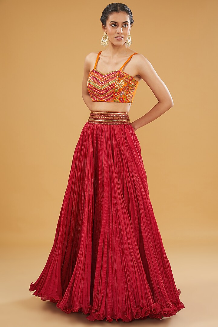 Red Organza Printed Cape Set by Debyani at Pernia's Pop Up Shop