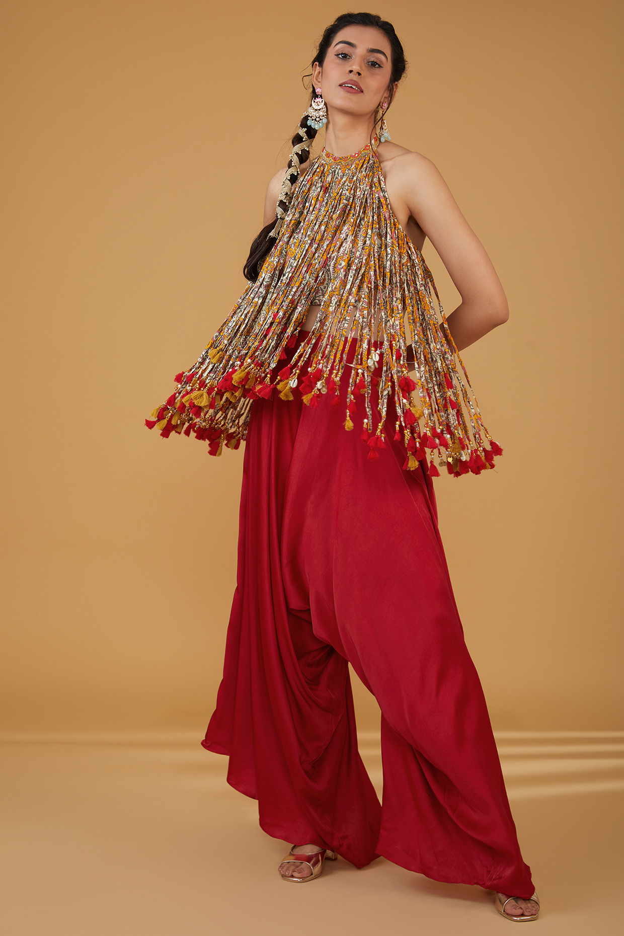 Red Chanderi Silk Flared Pant Set by Debyani at Pernia's Pop Up Shop