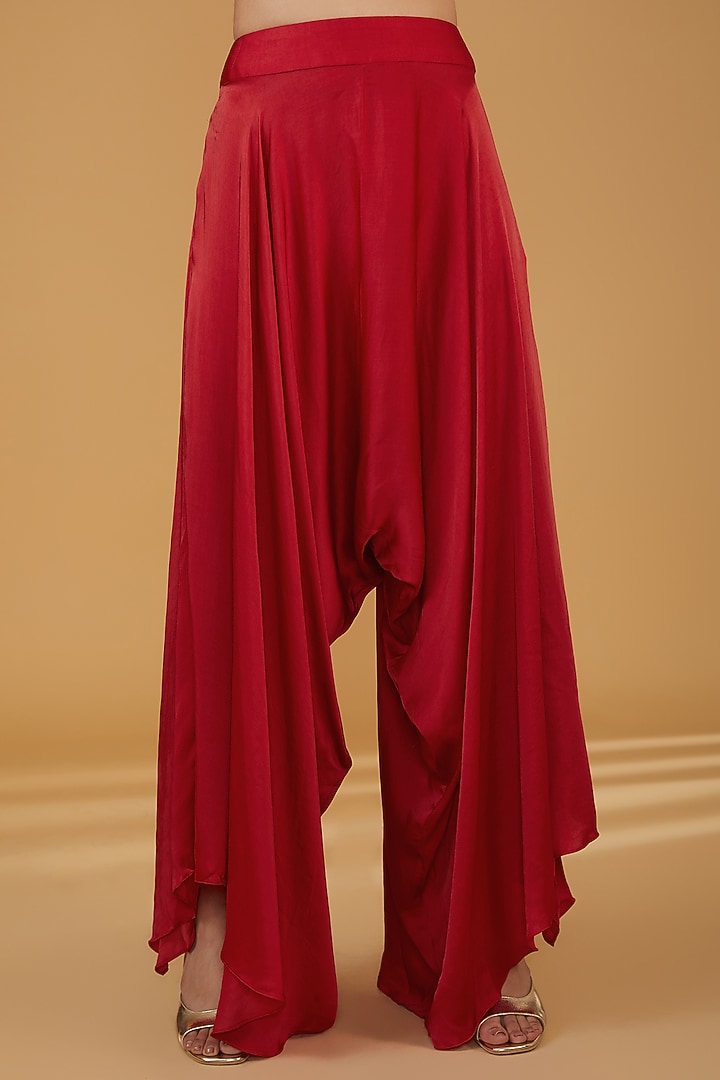 Red Chanderi Silk Flared Pant Set by Debyani at Pernia's Pop Up Shop