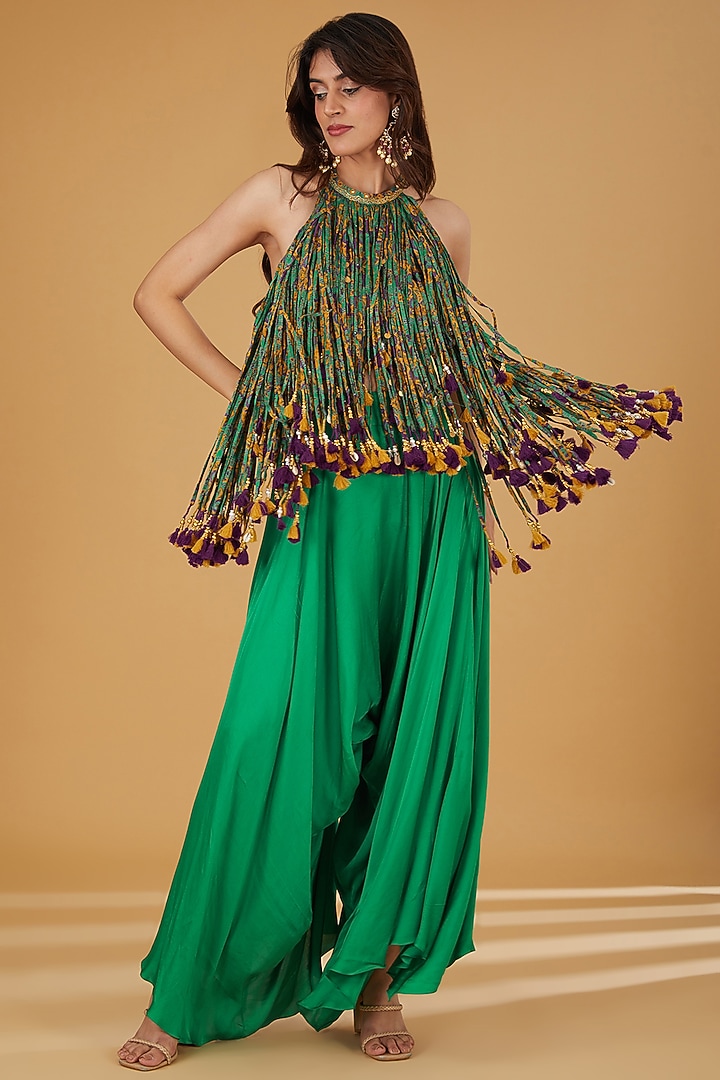 Green Silk Tassels Work Co-Ord Set by Debyani at Pernia's Pop Up Shop