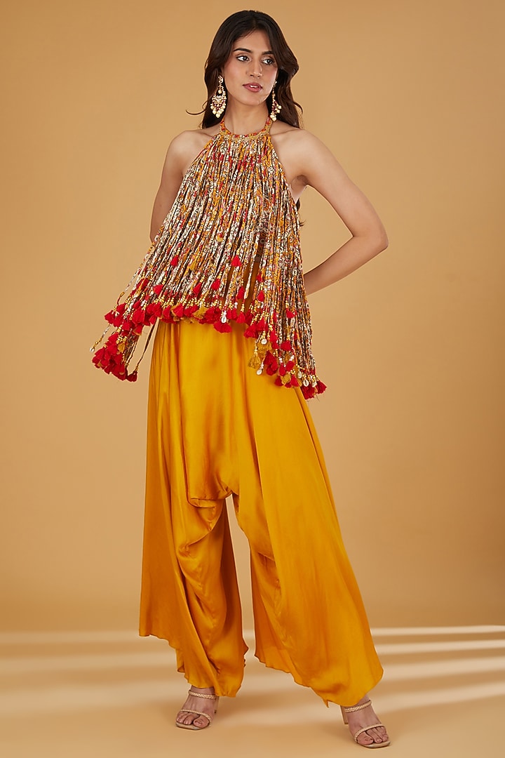 Mustard Silk Tassels Work Co-Ord Set by Debyani at Pernia's Pop Up Shop