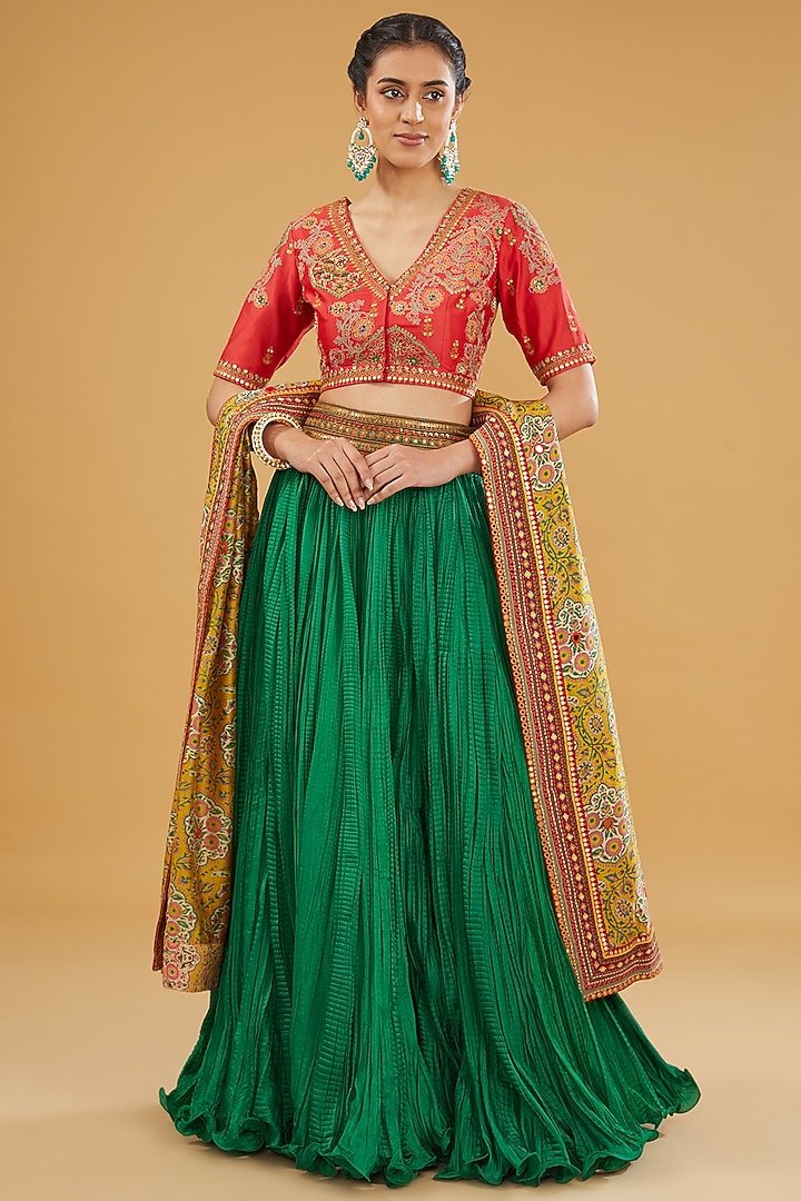 Green Chanderi Silk Crushed Skirt Set by Debyani at Pernia's Pop Up Shop