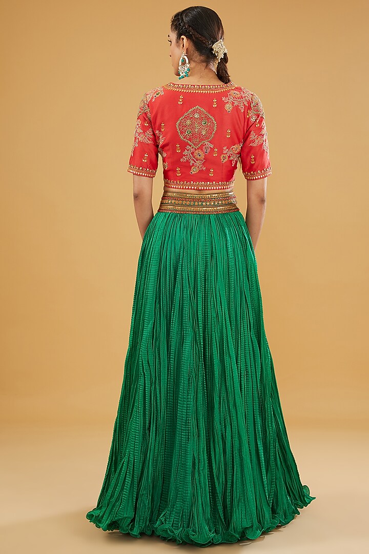 Green Chanderi Silk Crushed Skirt Set by Debyani at Pernia's Pop Up Shop