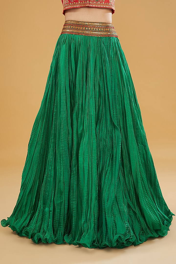 Green Chanderi Silk Crushed Skirt Set by Debyani at Pernia's Pop Up Shop