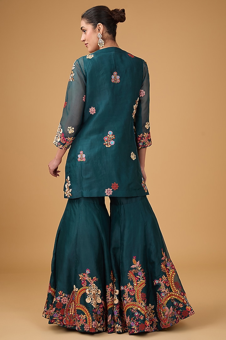 Blue Organza Embroidered Bridal Sharara Set by Debyani at Pernia's Pop Up Shop