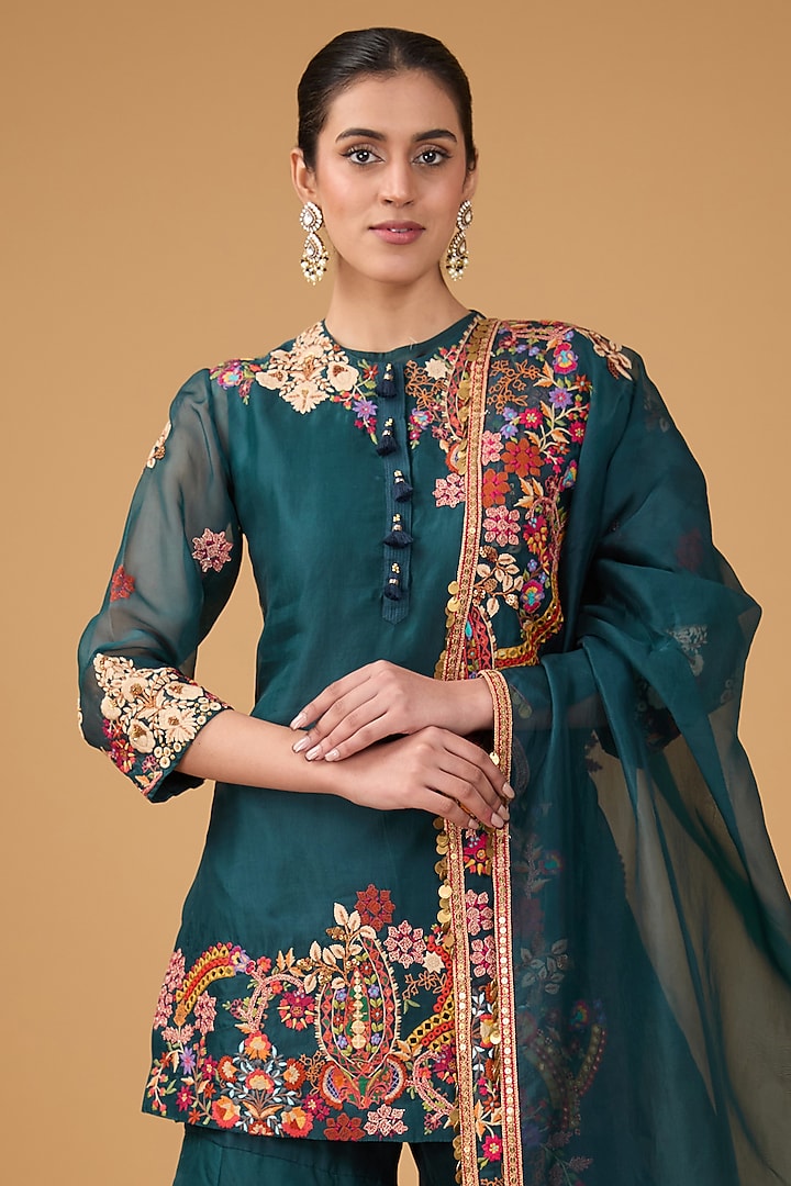 Blue Organza Embroidered Bridal Sharara Set by Debyani at Pernia's Pop Up Shop