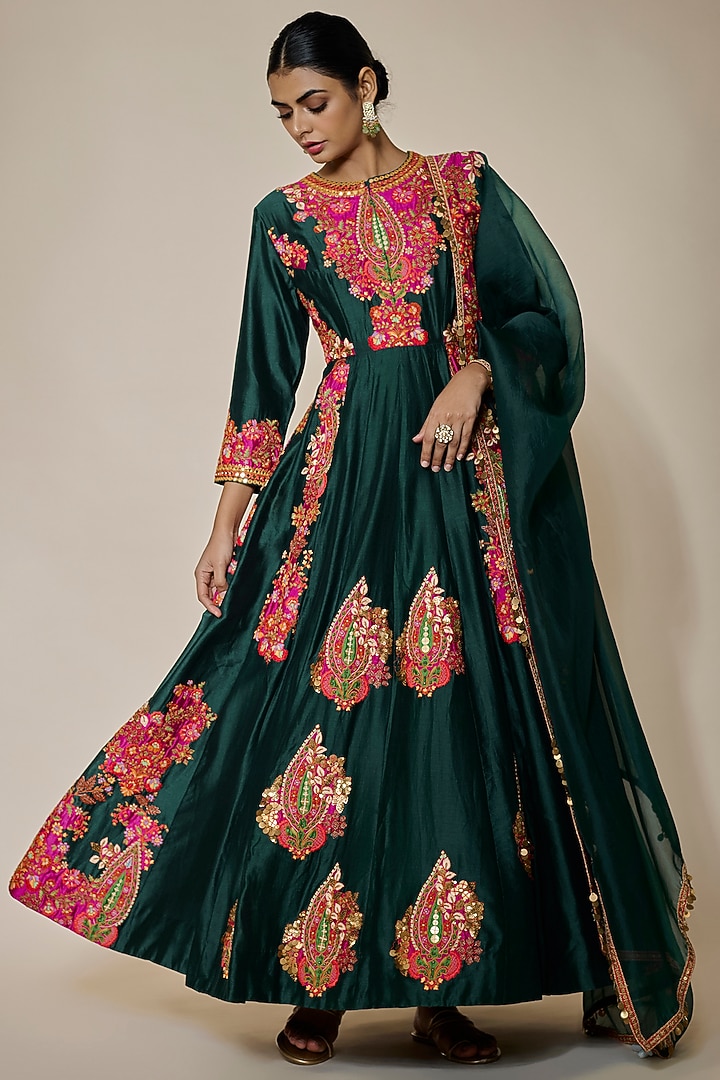 Blue Chanderi Silk Bridal Anarkali Set by Debyani at Pernia's Pop Up Shop
