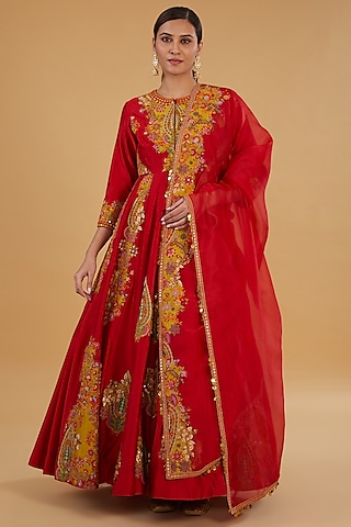 Red Chanderi Silk Hand & Machine Embroidered Kalidar Anarkali Set by Debyani