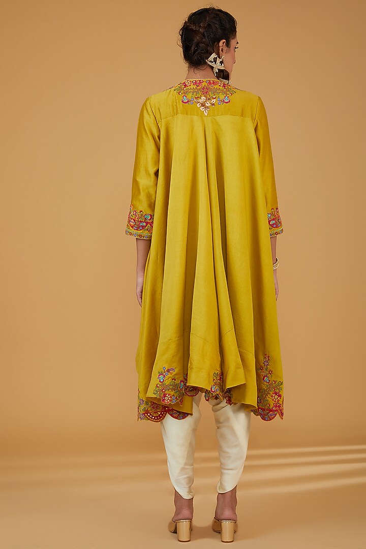 Mustard Chanderi Silk Mirror Embroidered Trail Jacket Set by Debyani at Pernia's Pop Up Shop