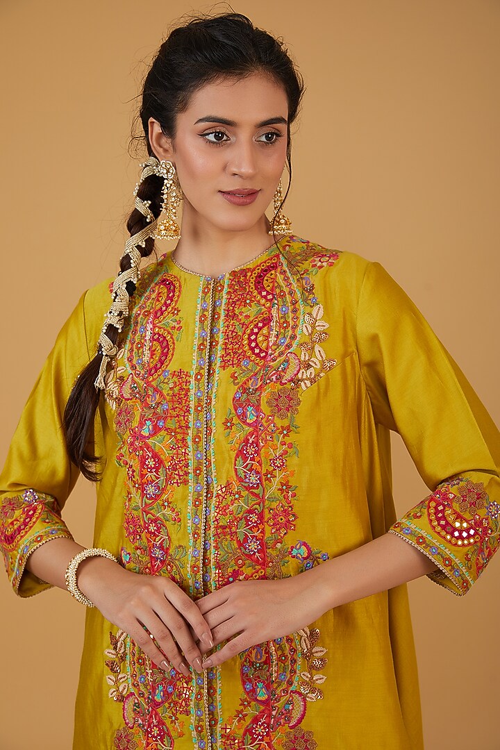 Mustard Chanderi Silk Mirror Embroidered Trail Jacket Set by Debyani at Pernia's Pop Up Shop