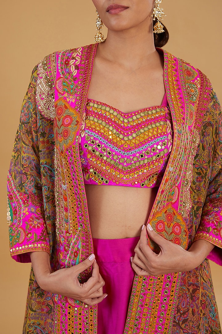 Multi-Colored Organza & Silk Patchwork Printed High-Low Cape Set by Debyani at Pernia's Pop Up Shop