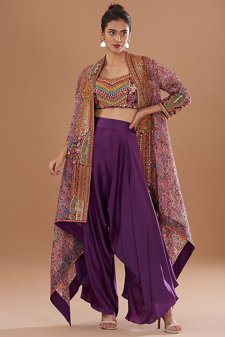 Purple Organza & Silk Patchwork Printed High-Low Cape Set by Debyani at Pernia's Pop Up Shop