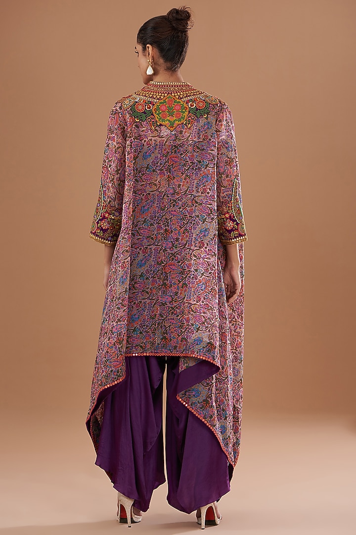 Purple Organza & Silk Patchwork Printed High-Low Cape Set by Debyani at Pernia's Pop Up Shop