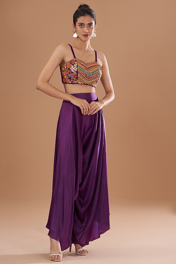 Purple Organza & Silk Patchwork Printed High-Low Cape Set by Debyani at Pernia's Pop Up Shop