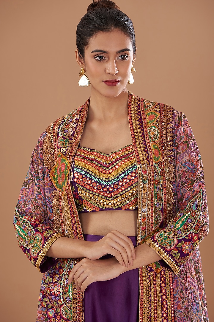 Purple Organza & Silk Patchwork Printed High-Low Cape Set by Debyani at Pernia's Pop Up Shop