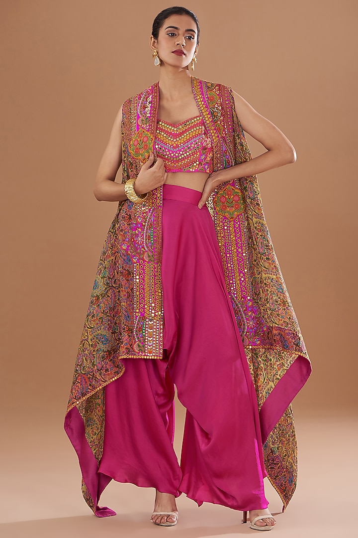 Magenta Organza & Silk Patchwork Printed High-Low Cape Set by Debyani at Pernia's Pop Up Shop
