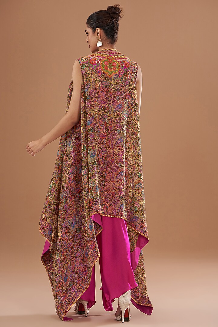 Magenta Organza & Silk Patchwork Printed High-Low Cape Set by Debyani at Pernia's Pop Up Shop