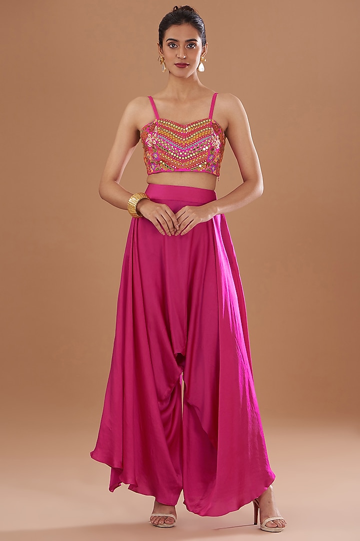 Magenta Organza & Silk Patchwork Printed High-Low Cape Set by Debyani at Pernia's Pop Up Shop