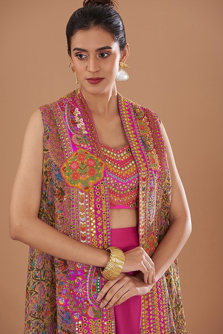 Magenta Organza & Silk Patchwork Printed High-Low Cape Set by Debyani at Pernia's Pop Up Shop