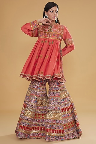 Multi-Colored Chanderi Silk & Cotton Silk Embroidered Sharara Set by Debyani