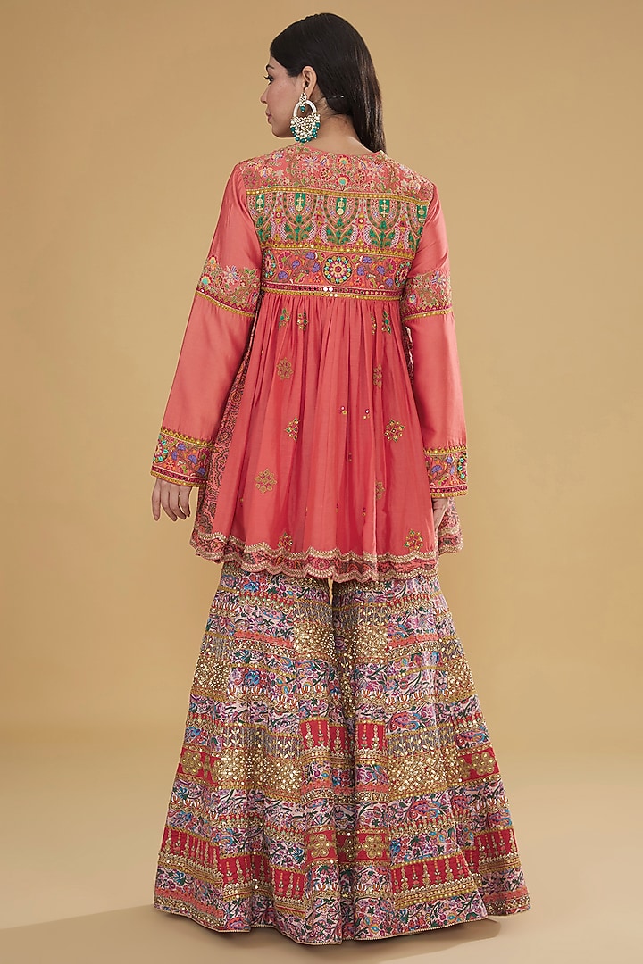 Multi-Colored Chanderi Silk & Cotton Silk Embroidered Bridal Sharara Set by Debyani at Pernia's Pop Up Shop