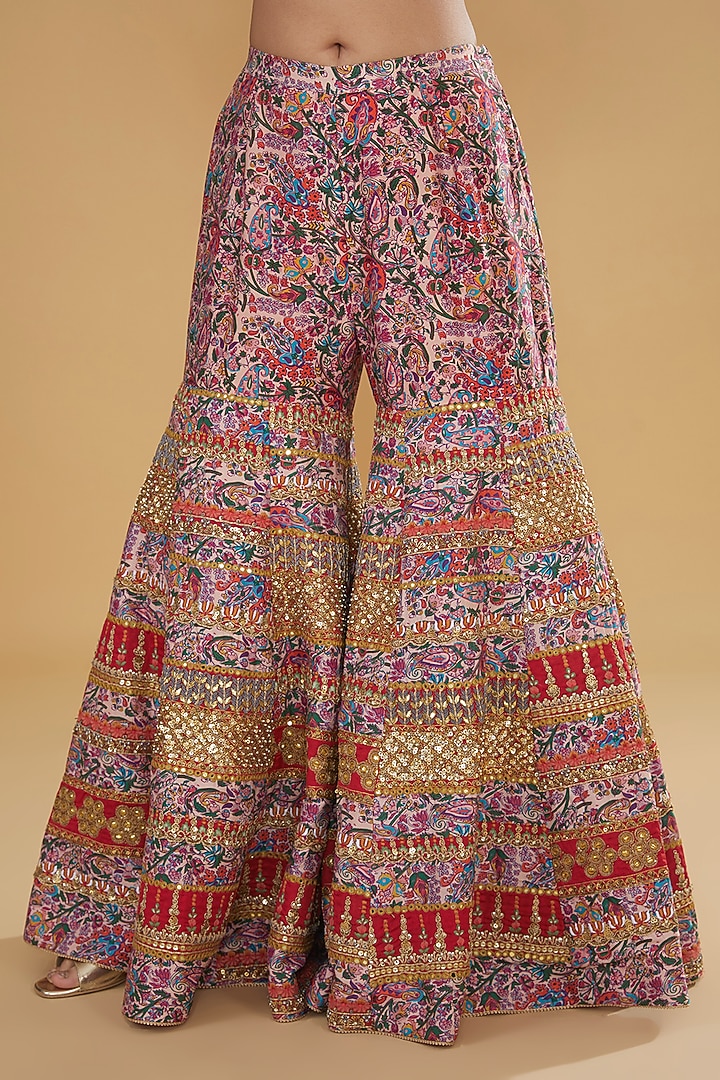 Multi-Colored Chanderi Silk & Cotton Silk Embroidered Bridal Sharara Set by Debyani at Pernia's Pop Up Shop