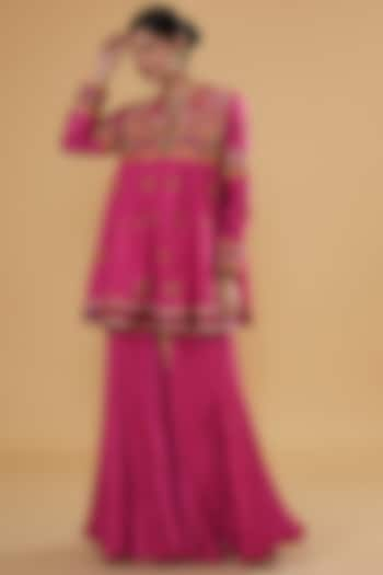 Pink Chanderi Silk & Cotton Silk Crushed Sharara Set by Debyani at Pernia's Pop Up Shop