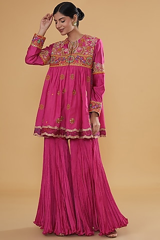Pink Chanderi Silk & Cotton Silk Crushed Sharara Set by Debyani