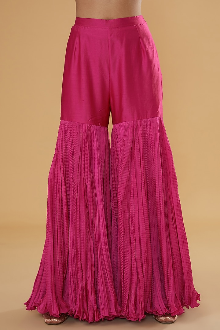 Pink Chanderi Silk & Cotton Silk Crushed Bridal Sharara Set by Debyani at Pernia's Pop Up Shop
