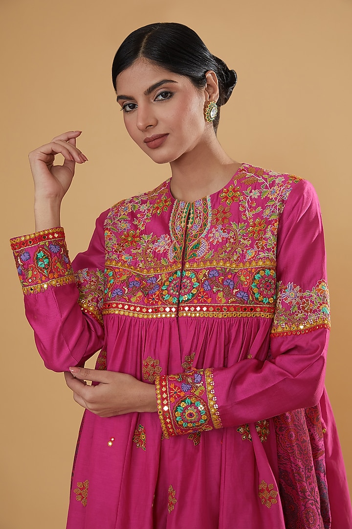 Pink Chanderi Silk & Cotton Silk Crushed Bridal Sharara Set by Debyani at Pernia's Pop Up Shop