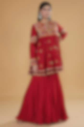 Red Chanderi Silk & Cotton Silk Crushed Sharara Set by Debyani at Pernia's Pop Up Shop