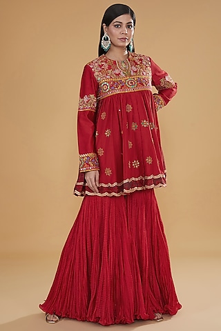 Red Chanderi Silk & Cotton Silk Crushed Sharara Set by Debyani
