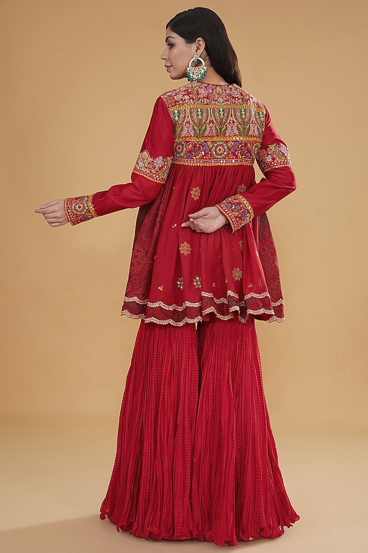 Red Chanderi Silk & Cotton Silk Crushed Bridal Sharara Set by Debyani at Pernia's Pop Up Shop