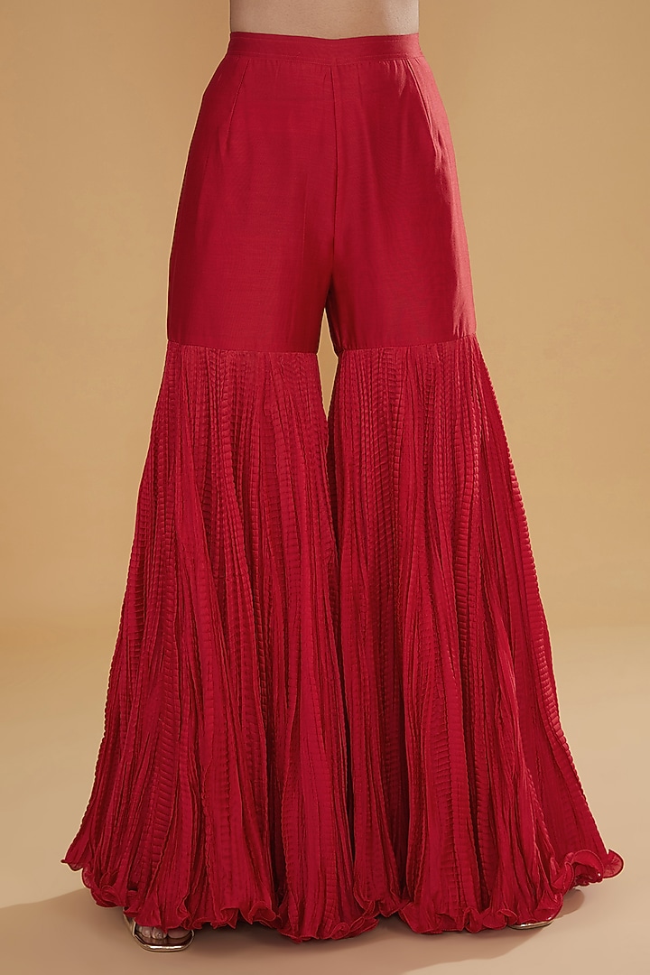 Red Chanderi Silk & Cotton Silk Crushed Bridal Sharara Set by Debyani at Pernia's Pop Up Shop