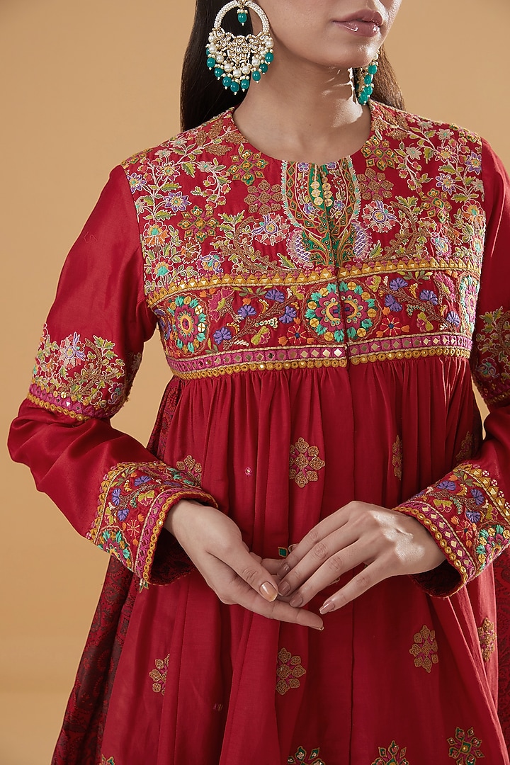 Red Chanderi Silk & Cotton Silk Crushed Bridal Sharara Set by Debyani at Pernia's Pop Up Shop