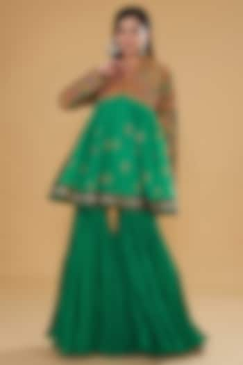 Green Chanderi Silk & Cotton Silk Crushed Sharara Set by Debyani at Pernia's Pop Up Shop