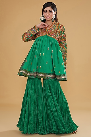 Green Chanderi Silk & Cotton Silk Crushed Sharara Set by Debyani