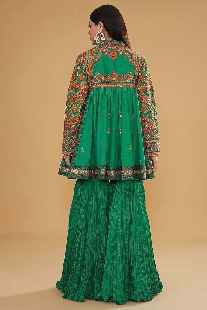 Green Chanderi Silk & Cotton Silk Crushed Bridal Sharara Set by Debyani at Pernia's Pop Up Shop