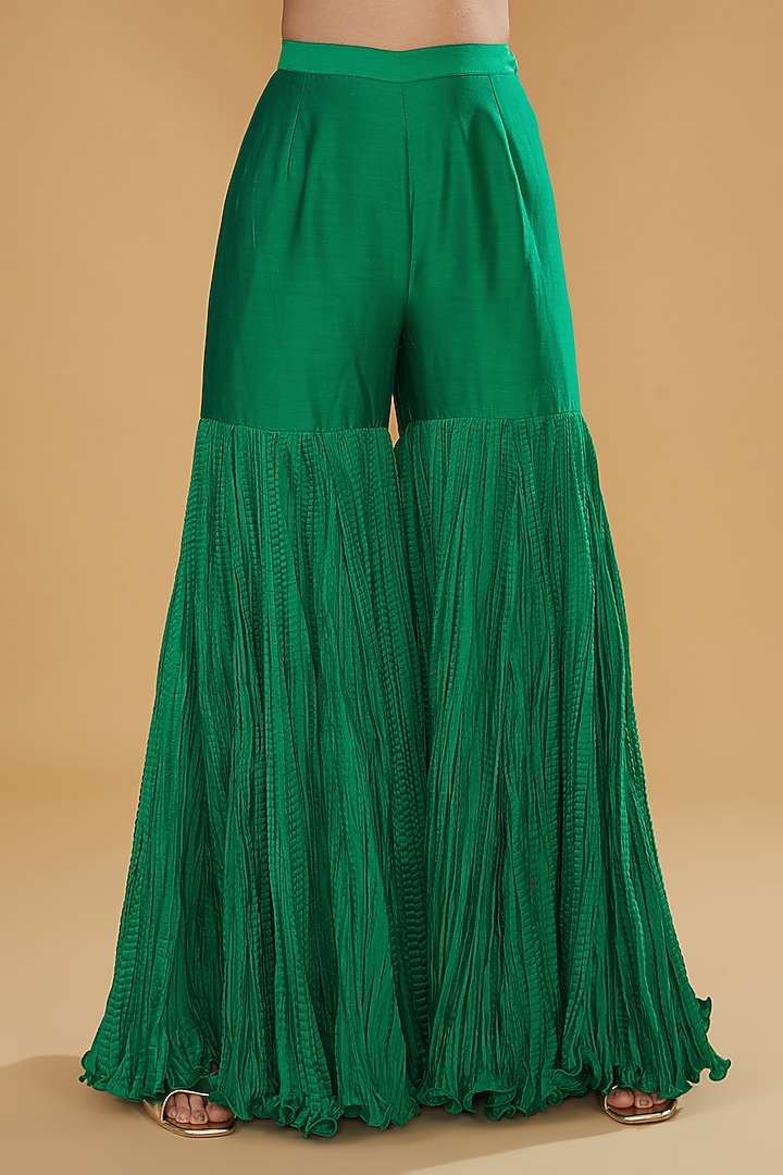 Green Chanderi Silk & Cotton Silk Crushed Bridal Sharara Set by Debyani at Pernia's Pop Up Shop