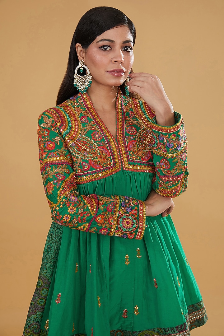 Green Chanderi Silk & Cotton Silk Crushed Bridal Sharara Set by Debyani at Pernia's Pop Up Shop