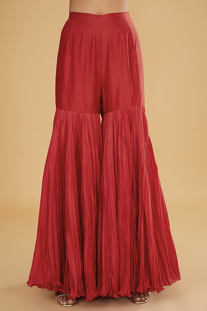 Red Chanderi Silk & Cotton Silk Crushed Bridal Sharara Set by Debyani at Pernia's Pop Up Shop