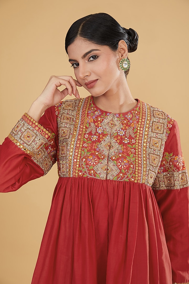 Red Chanderi Silk & Cotton Silk Crushed Bridal Sharara Set by Debyani at Pernia's Pop Up Shop