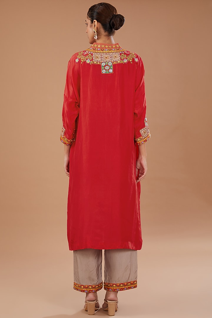 Red Silk Embroidered Kurta Set by Debyani at Pernia's Pop Up Shop