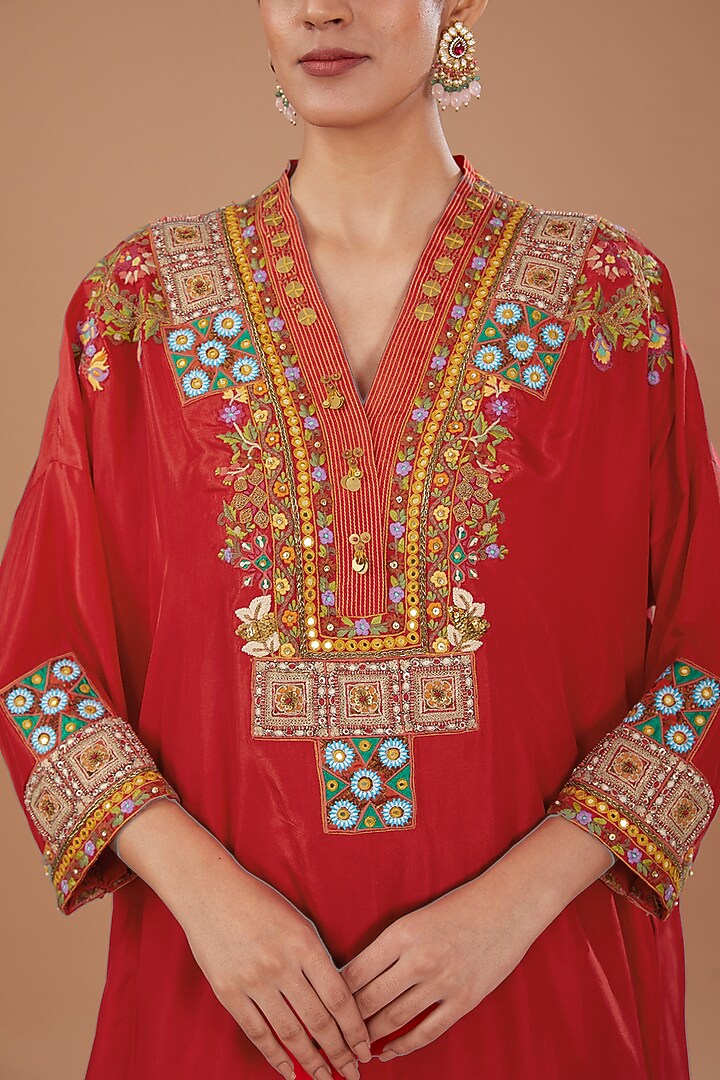 Red Silk Embroidered Kurta Set by Debyani at Pernia's Pop Up Shop