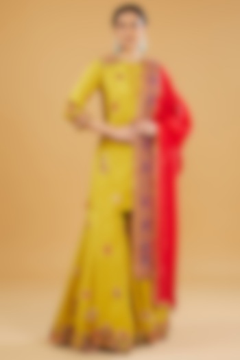 Mehendi Mustard Silk Embroidered Bridal Sharara Set by Debyani at Pernia's Pop Up Shop